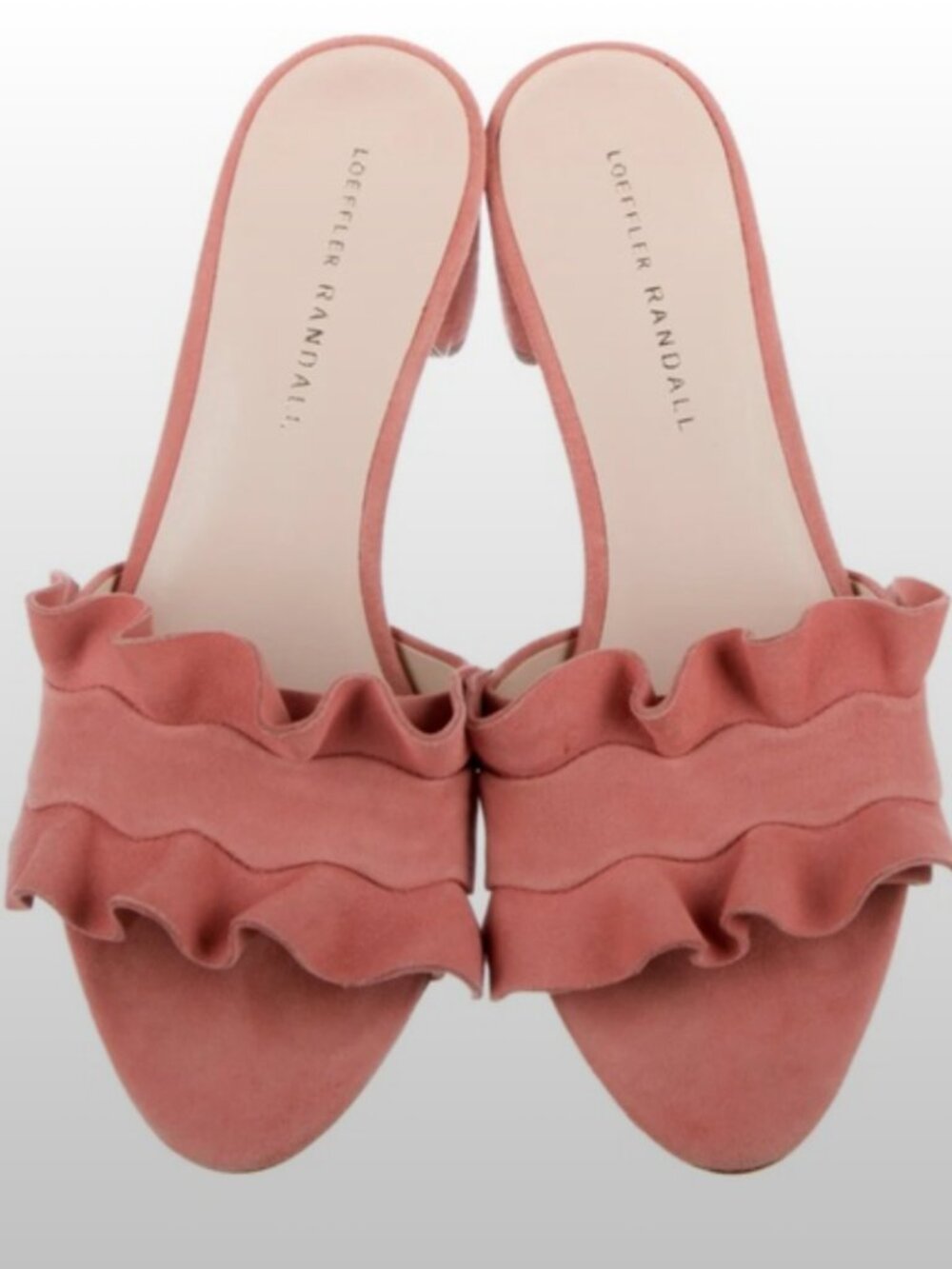 Loeffler Randall Vera Ruffle Pink Suede Mule Low-Heel Sandal - size 9
